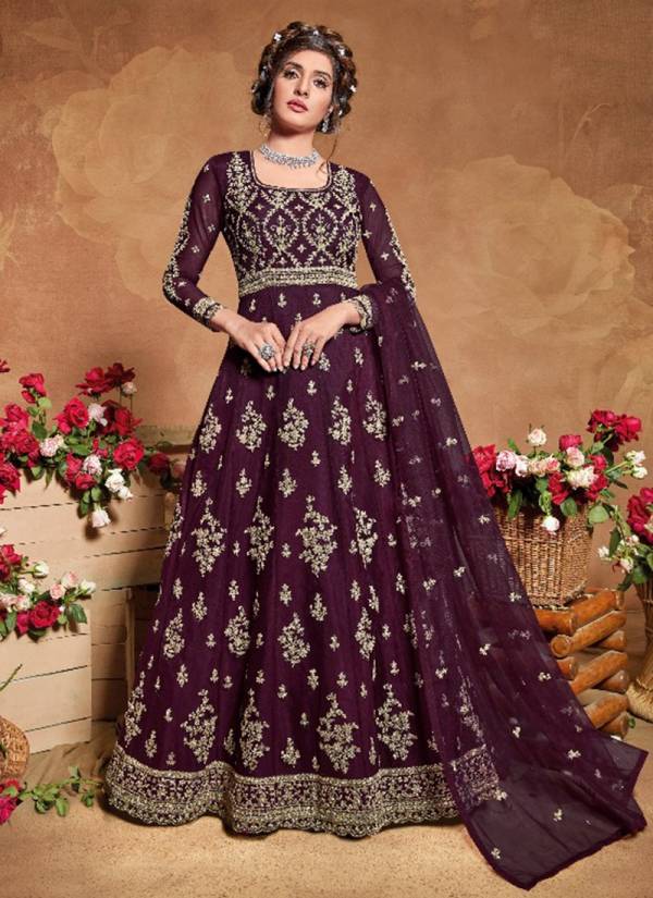 SWAGAT VIOLET Fancy Designer Heavy Stylish Wedding Wear Heavy ButterFly Net Latest Gown Collection